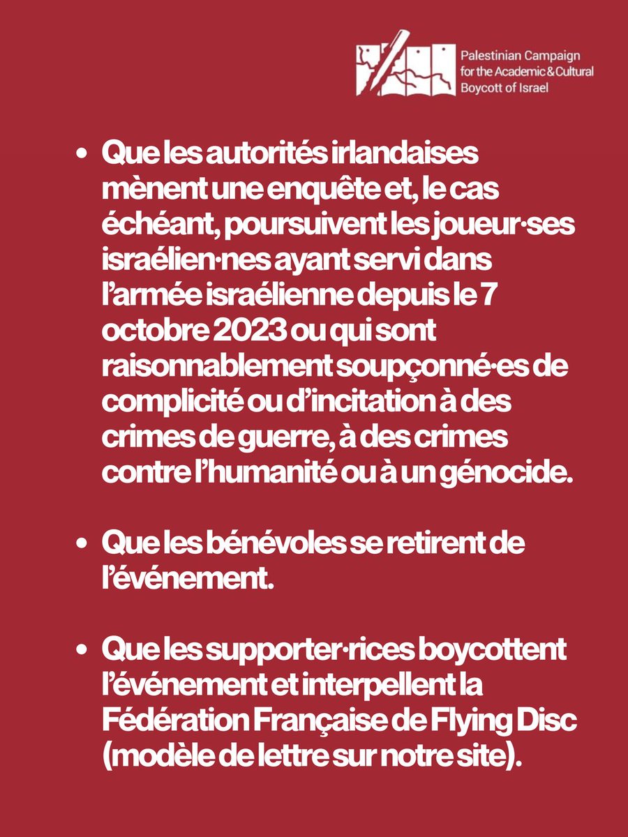 bdsprovence's tweet photo. 3/3 Le génocide et l’apartheid n’ont pas leur place dans le sport. #WFDF #WUCC2026 #FLYINGDISC #ULTIMATE https://t.co/cfLAiGz1sT