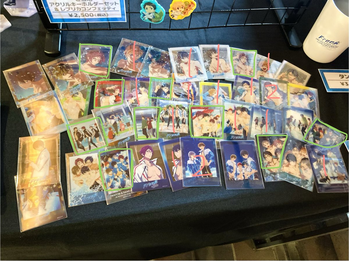 kyo_qn's tweet photo. 【交換】Free! オケコン クリアカード

譲)ピンクの数字のもの
遙、真琴、渚、怜、郁弥、旭、夏也、尚、日和、宗介

求)緑で囲っているもの
凛、宗介、鮫柄

現地にて手渡し、まとめて交換可能な方を優先しております。(※スリーブを忘れてしまったためご了承いただける方)よろしくお願いいたします。 https://t.co/SjiBUKsQra