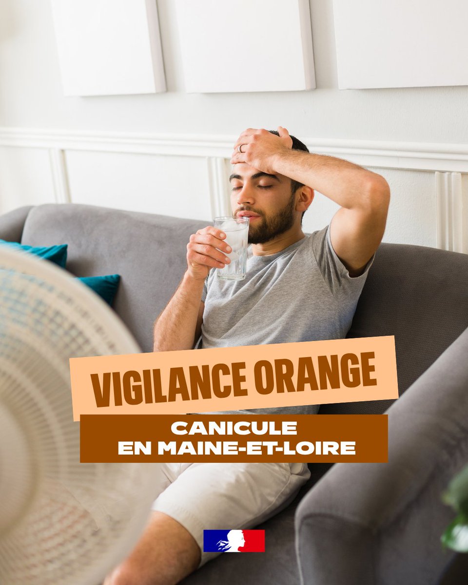 Prefet49's tweet photo. 🌡️ Vigilance orange « canicule » dès aujourd’hui à 12h en Maine-et-Loire. 

Jusqu’à 40°C jeudi, avec des nuits >20°C. 

💧 Hydratez-vous, gardez votre logement au frais, évitez les efforts et veillez sur les personnes vulnérables. https://t.co/Sz3d1pOGB0