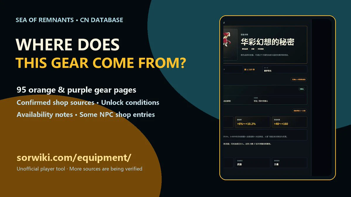 SorWiki Sea of Remnants gear source graphic showing 95 orange and purple equipment pages with confirmed shop sources, unlock conditions and availability notes.