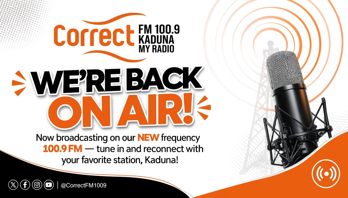 DoctorPavi's tweet photo. It's been a while… but we never stopped thinking of you. 🧡 Correct FM is officially BACK ON X — now at 100.9 FM. Retune, reconnect, and let's pick up right where we left off. Kaduna, this one's for you! 📻 #CorrectFM1009 #BackOnAir https://t.co/uhcL5A8Y2j