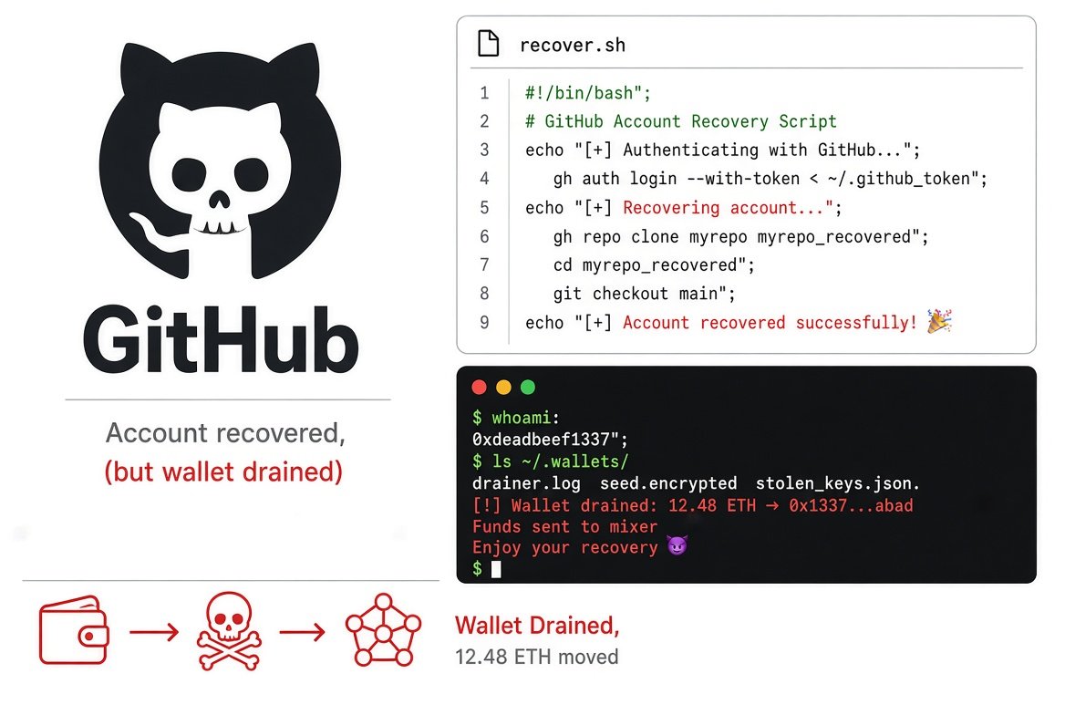 PocketRetroid's tweet photo. 🔵 NEWS: "GitHub phishing" — attackers upload fake wallet  recovery scripts. Victims run them — malware infects. ONLY use official  tools from verified repositories.
#GitHubSecurity #Phishing #CryptoSecurity https://t.co/3ipj6S4aNb