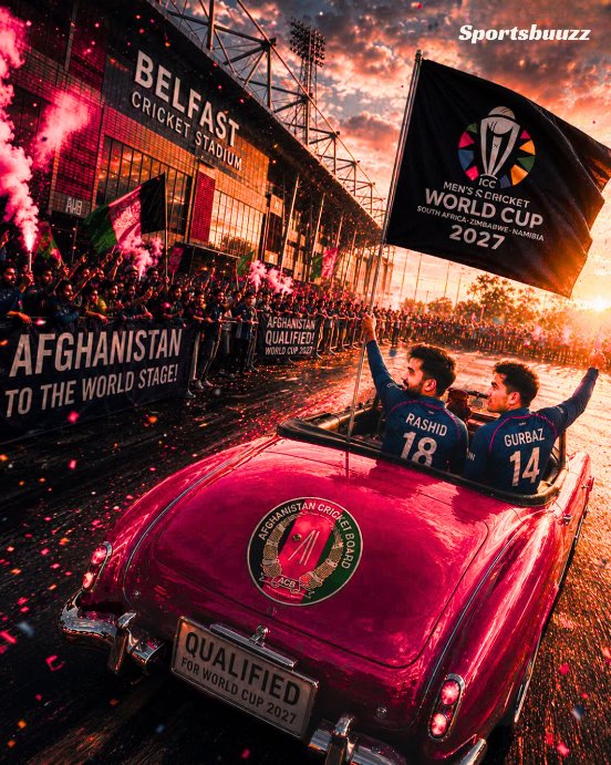 Sportsbuuzz's tweet photo. From the world stage to history in the making! 🇦🇫✨ Rashid Khan and Gurbaz lead the charge as Afghanistan officially books its ticket to the ICC Men's Cricket World Cup 2027! 🏆🔥 Drop some love for the Blue Tigers below! 👇🏏

Hashtags: #AfghanistanCricket #WorldCup2027 #RashidKhan #Gurbaz