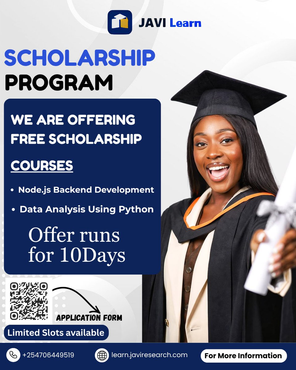 javi_research's tweet photo. For just 10 days, JAVI Learn is giving you access to FREE scholarship courses in Node.js Backend Development and Data Analysis Using Python.
👉 Click https://t.co/uM4eO61jhn to apply.

#javilearn #scholarshipprogram #python #dataanalysis #nodejs  #CareerGrowth #DigitalSkills https://t.co/8SBrCGOuqD