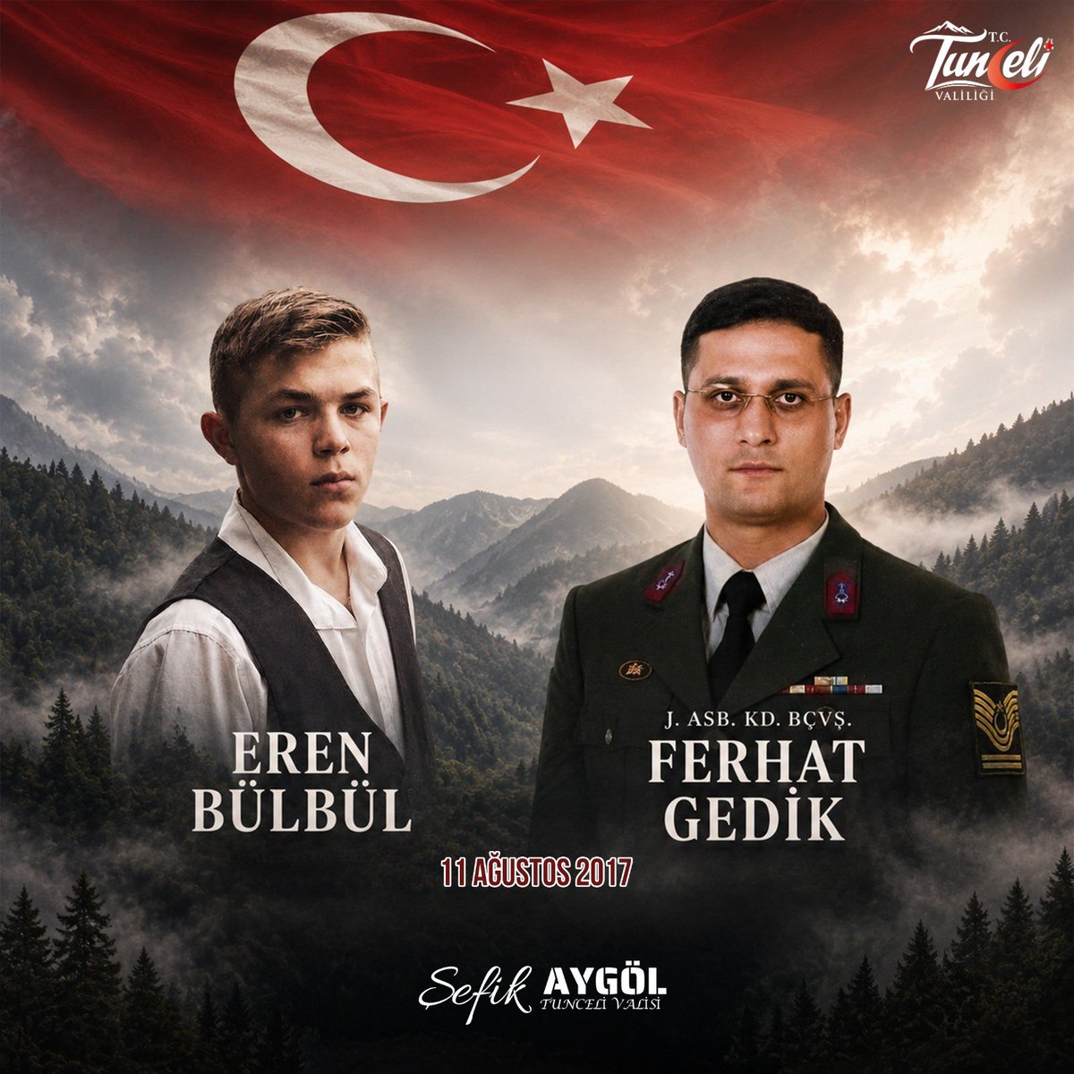 TunceliValiligi's tweet photo. Şehadetlerinin yıl dönümünde, vatan uğruna canlarını feda eden Şehit Eren Bülbül ve Şehit Jandarma Astsubay Kıdemli Başçavuş Ferhat Gedik’i rahmet ve minnetle anıyoruz.

Ruhları şad, mekânları cennet olsun. 🇹🇷

@sefikaygol https://t.co/y181ldf8jn