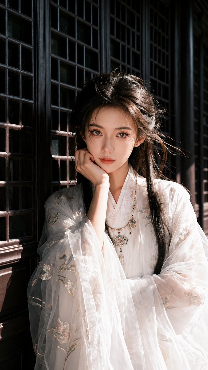 AIVideoHub_'s tweet photo. 战国美人，古朴而宁静

提示词：
图片风格为写真,写真风，质感光照，自然光线，质感十足，摄影风格。,图片风格为写真,写真风，质感光照，自然光线，质感十足，摄影风格。,真人写真风格，身着白色织金纱衣战国袍的桃花眼公主，眼尾细长，身上佩戴着精致的饰品，长发略显凌乱却不失美感，单手托腮，姿态悠然。站在带有传统格纹门窗的深色古式建筑前，顶光营造出神秘氛围，竖构图增强画面纵深感，呈现出古朴宁静的感觉。