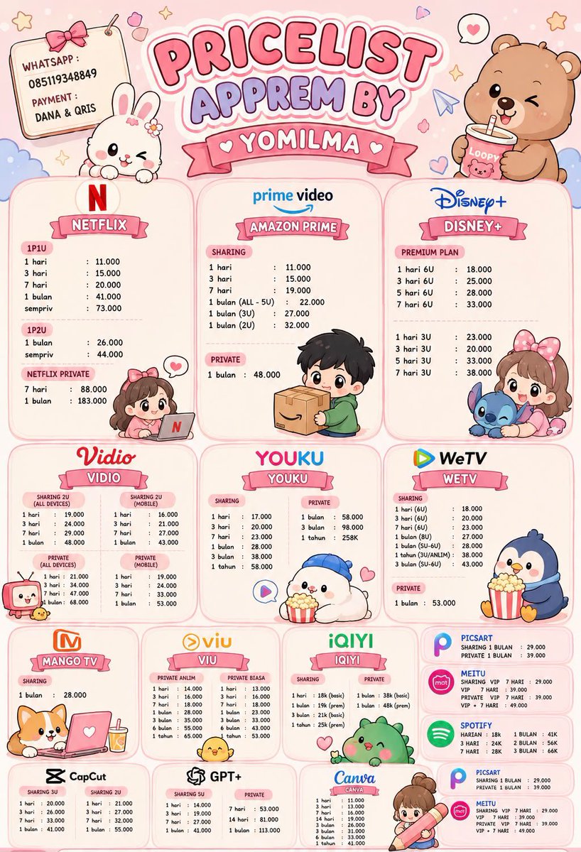 yomilma's tweet photo. Mau nonton, edit, atau upgrade aplikasi? Semua ada di sini! ✨
Netflix,Disney+,Viu,iQIYI, & dll💕
📩order? bisa link di bawah ini ya🫶🏻
https://t.co/swEJe4X2Tb
୨୧ Jangan lupa save pricelistnya biar nggak hilang! 🎀
#apprem #apppremium #pricelist #netflix #canva #spotify #yomilma https://t.co/plShZRayfQ