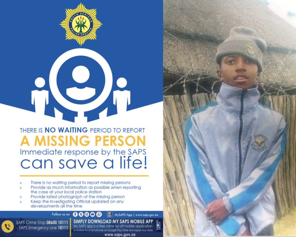 SAPoliceService's tweet photo. #sapsFS [HELP POLICE LOCATE MISSING 17-YEAR-OLD KABELO JUNIOR MOTLOKOA]

The Bethlehem #SAPS urgently need community assistance in locating the #missing person, Kabelo Junior Motlokoa (17) who went missing on Saturday left home to play football and never returned back home. He was last seen wearing a brown tracksuit top, blue tracksuit trousers with white stripes on the sides, and black slippers.

Any person with information on his whereabouts can contact Bethlehem Detective Captain Nel at 082 550 4599 or #CrimeStop 08600 10111 or anonymously via the #MySAPSApp.

#CommunityPolicing ST

https://t.co/xIHycwjdSx