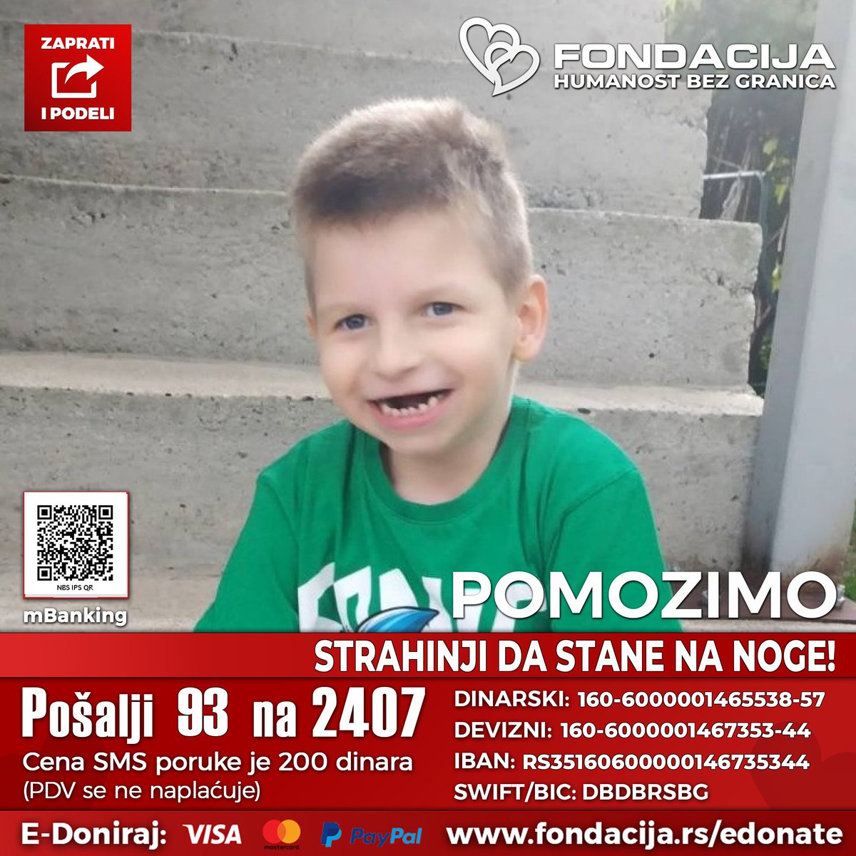 1na2407's tweet photo. 🇷🇸 Pošalji SMS: 93 na 2407
https://t.co/ofiYk1zNg0
(link za mobilne)

Strahinja Ginić rođen je 2019. u Jagodini. Od rođenja se bori sa teškim zdravstvenim problemima, a sa 16 meseci mu je dijagnostikovan Angelmanov sindrom.

Kako možete da pomognete?

🇷🇸 Pošalji SMS: 93 na 2407
https://t.co/ofiYk1zNg0
(link za mobilne)

💳 Doniraj karticom:
https://t.co/xZlFKgKa2j

🌐 PayPal: info@fondacija.rs
Link:
https://t.co/lDrWQtxcxb

📲 Skeniraj QR kod i doniraj putem mobilnog telefona - mBanking

Uprkos svemu, svakodnevno napreduje uz terapije i vežbe. Potrebna su sredstva za dalji oporavak i razvoj. Pomozimo Strahinji da napravi svoje prve korake!  ❤️❤️

Retvituj ovu objavu i zaprati nas jer humanost se umnožava kada se deli. 🙏