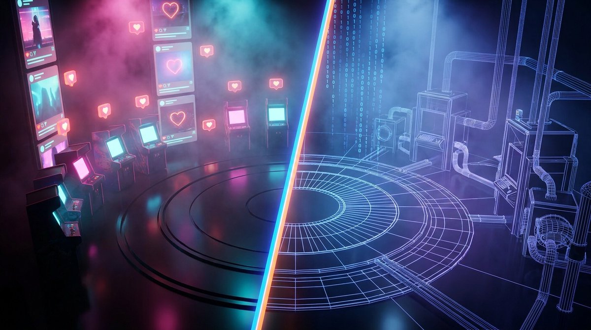 fomofight's tweet photo. THE FYP — you fight standing on the video. Posts scroll on every side, arcade screens ring the floor.

THE ALGORITHM — behind the feed. Cold, wireframe, machinery. The place that decides what you see.

https://t.co/qSXwuhabdw https://t.co/nlshPJoRjj
