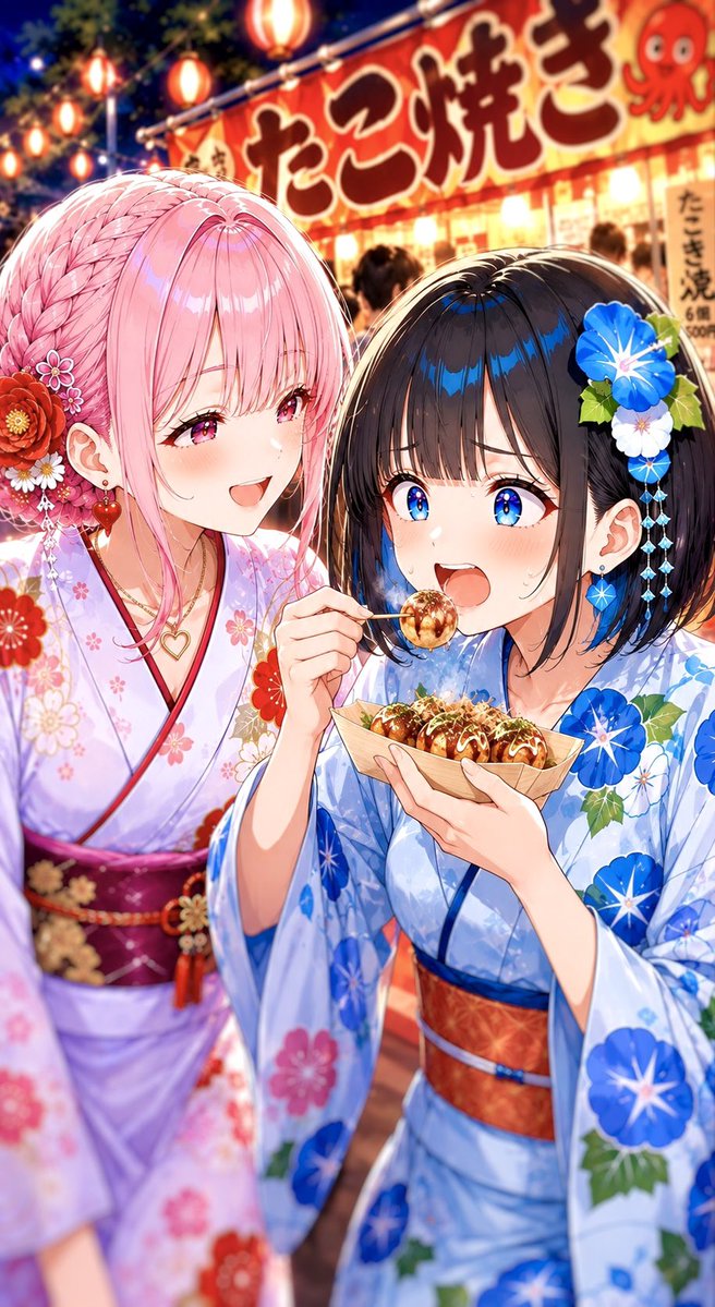 kawaiianime2025's tweet photo. 【EVAさん💖Special Collaboration 13】
EVAさん（@05Eva0）とのスペシャルコラボ延長戦！！涼音ちゃんとお祭り会場に来ています💙

あお「いただきまーす！ぱくっ……はふっ、はふっ…あっつ！！🔥🐙💦 」

涼音「ふふっ🤭 ちゃんとふーふーしてから食べないと、お口やけどしちゃうよぉ〜？」 https://t.co/Y4rVJee1gB
