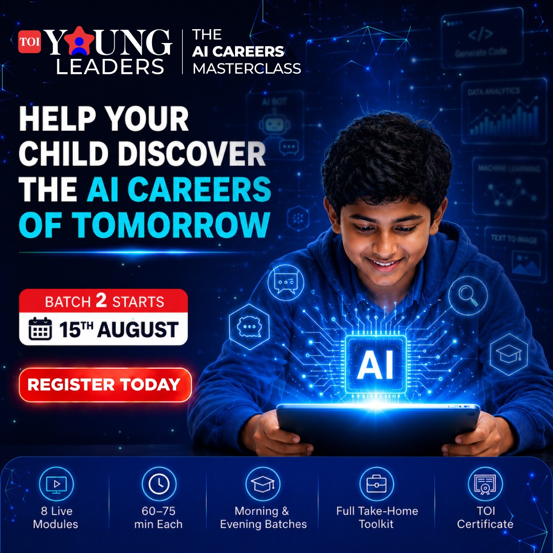 timesofindia's tweet photo. Set your child on the path to AI careers of tomorrow with the TOI Young Leaders AI Masterclass.
Batch 2 starts 15th August. Register today: https://t.co/xIix9ARH0s
#TOIYoungLeaders #AIMasterclass #FutureCareers #FutureReady #Parents https://t.co/0KpHtmJgpn