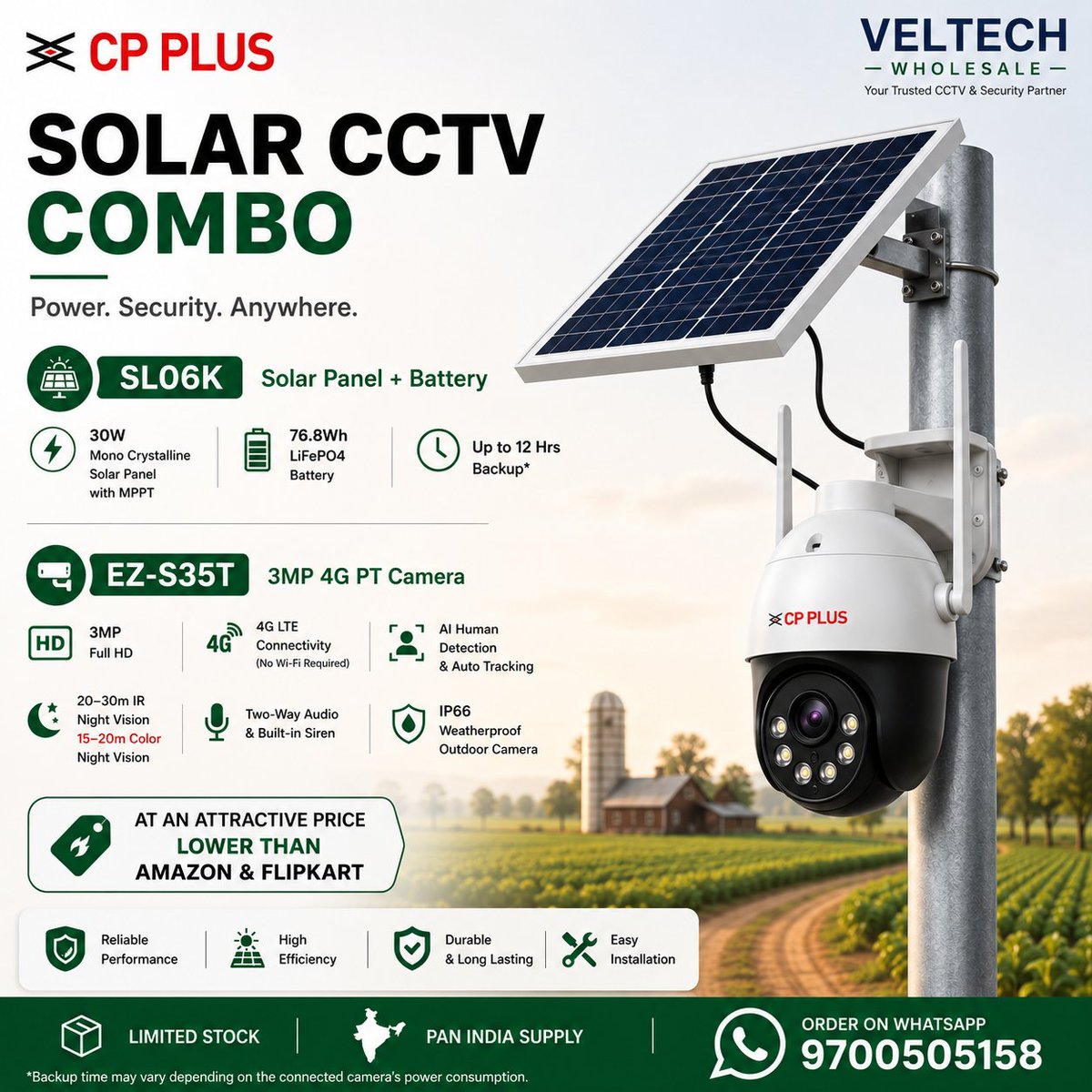VeltechB2b's tweet photo. ☀️ CP PLUS Solar CCTV Camera | 3MP 4G PT Camera

Solar-powered CCTV solution with 4G connectivity.

🔋 30W Solar Panel + Battery | Up to 12 Hrs Backup*
📹 3MP Full HD | 4G LTE | AI Human Detection | Auto Tracking | IP66

📲 WhatsApp: 9700505158 https://t.co/BHBpkBoN0A