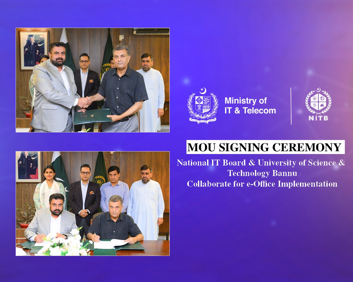 NationalITBoard's tweet photo. The #NITB and the #UniversityofScienceandTechnology #Bannu have officially signed an #MoU to implement the #EOffice System, enabling:
•Paperless workflows
•Enhanced transparency & accountability
•Modernized #digitalgovernance in #highereducation A step toward https://t.co/laiYdwai9v
