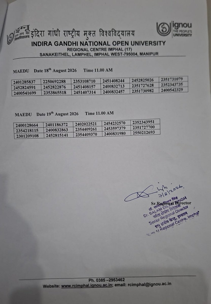Ignou_Imphal's tweet photo. Notification for Viva Voce of MCA and MAEDU programme August 2026: https://t.co/CjSuedZ2cs