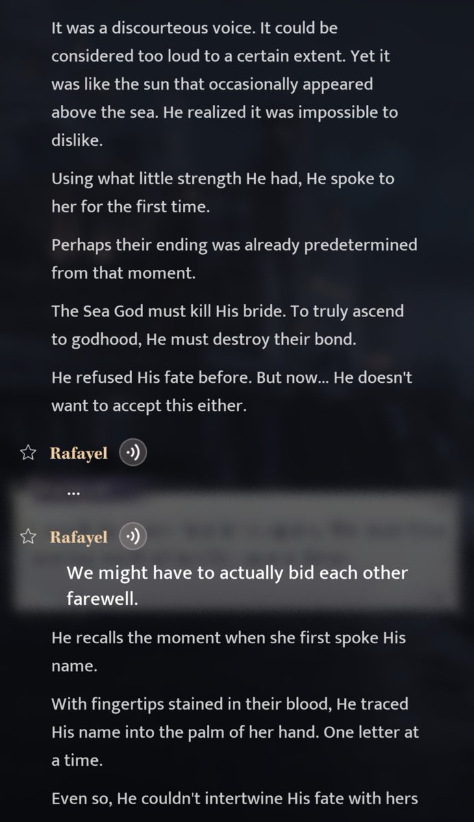 raizelyue's tweet photo. Don't wanna miss D1 so my favorite moment from Rafayel's myth must be this one where I can read a glimpse of his thought, how he saw MC like the sun above the sea and his struggle and desperation to defy their doomed fate

#TheWarGodAwakens #DivineFlameRafayel #WarGodRafayel https://t.co/6x8tLfkrBe