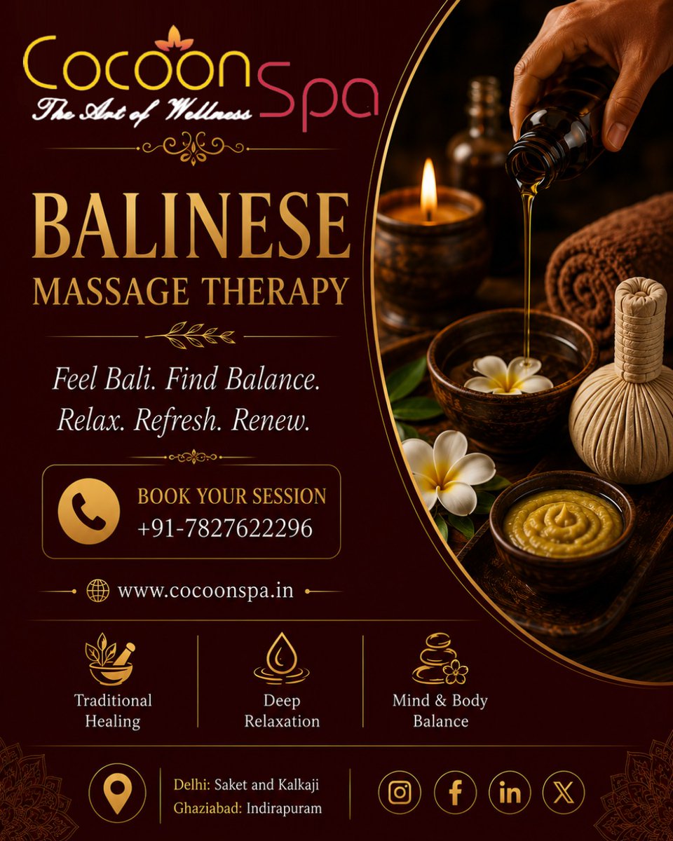CocoonSpaindia's tweet photo. Feel the Spirit of Bali at Cocoon Spa

Experience Balinese Massage Therapy with traditional techniques, calming aromas &amp; therapeutic touch.

Book Your Therapy at:
Kalkaji: 9999308565
Saket: 7827622296
Indirapuram: 011-35549989
https://t.co/sggM1EDxQ5

#CocoonSpa #BalineseMassage https://t.co/5Ezl493F3s
