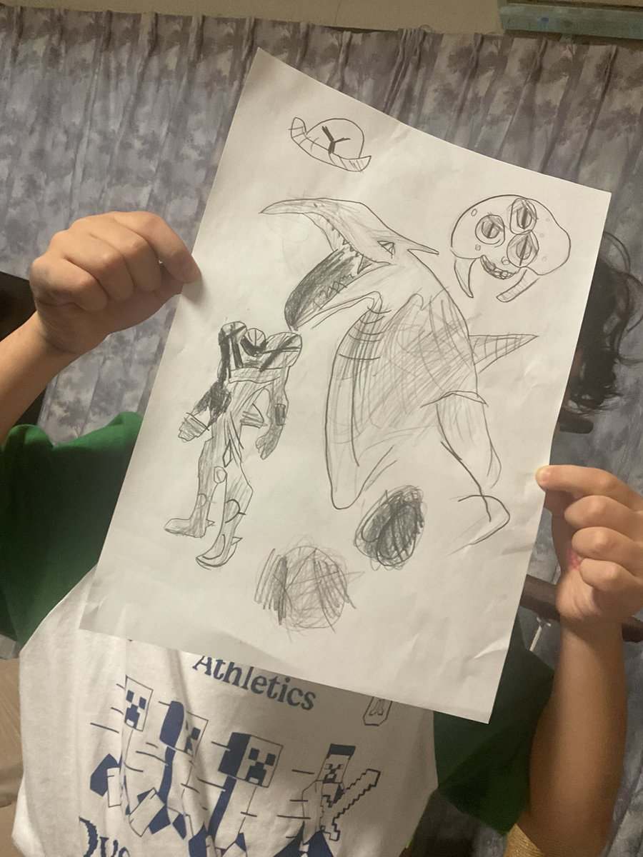 akitBFPF144's tweet photo. My son who’s 7 stared playing Metroid prime today he got to the parasite queen by himself and now he wants to draw some Metroid art. https://t.co/7VdrphlrxV