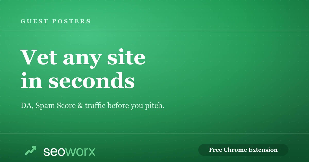 seoworxapp's tweet photo. Guest posting on a weak site = wasted work.

SEOworx shows a site's Domain Authority, Spam Score &amp; real traffic the moment you land on it. Qualify or reject a prospect in seconds.

Free 👇
https://t.co/mY97dYRBhm

#GuestPosting #SEO https://t.co/bCy1qs0nIr