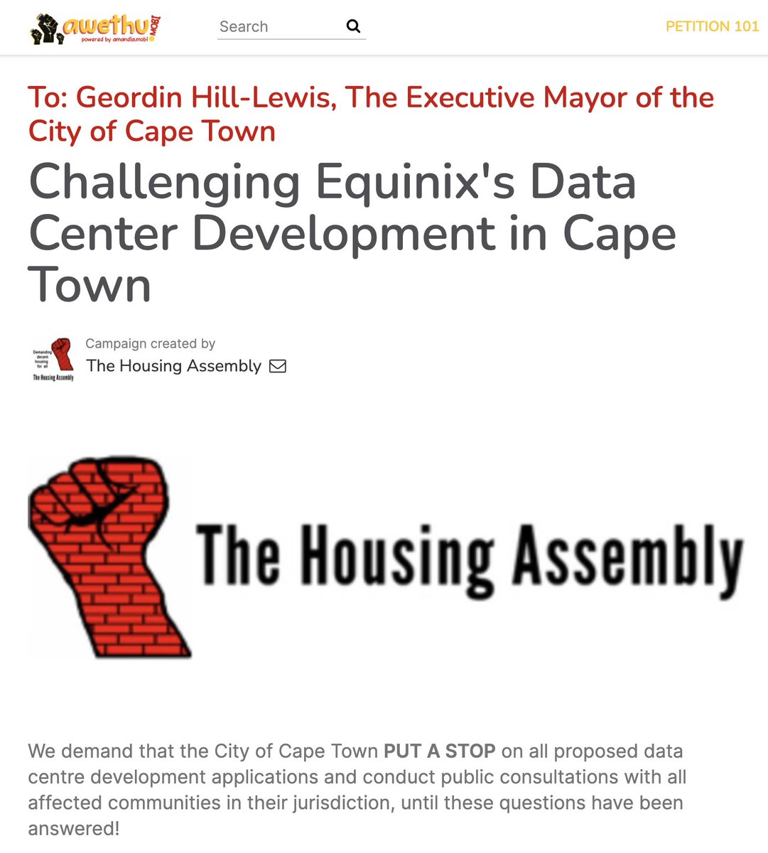 AmandlaMobi's tweet photo. [PETITION]: The city of Cape Town has approved a data centre to be built right next to low-income communities that struggle to access water and electricity.

Data centres require water and electricity constantly; they are always thirsty, and now people in these communities will have to share their scarce resources with machines. What is even more disrespectful is the fact that people in these communities were not consulted about this. The government decided on its own. They want to prioritise big tech businesses over the interests of people in low-income communities.

Right now, the affected communities are demanding that the City of Cape Town stop all proposed data centre development applications and conduct public consultations with them until their concerns are addressed. Stand with the communities - add your name to the petition here: https://t.co/DJvhcL3SED.

#TogetherForJustice ✊🏾