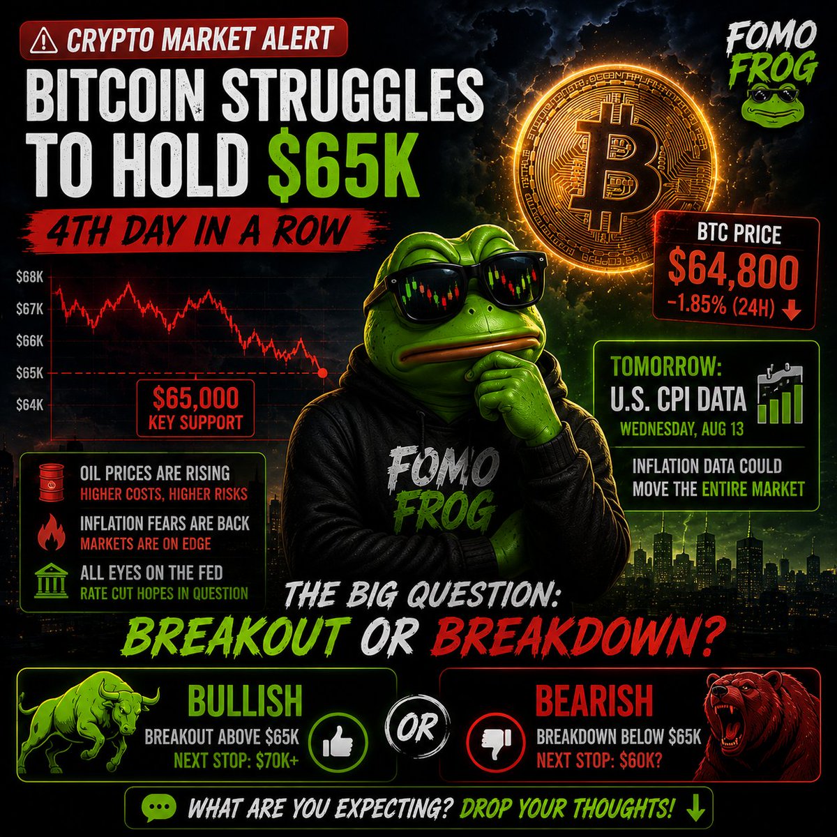FOMOFROGHQ's tweet photo. π¨ BTC is fighting to hold $65K.
Tomorrow's U.S. CPI could shake the entire market.
π Breakout above $65K?
π» Breakdown below?
What's your bet? π
#Bitcoin #BTC #Crypto #FOMOFROG https://t.co/BlZ6fKL5kI