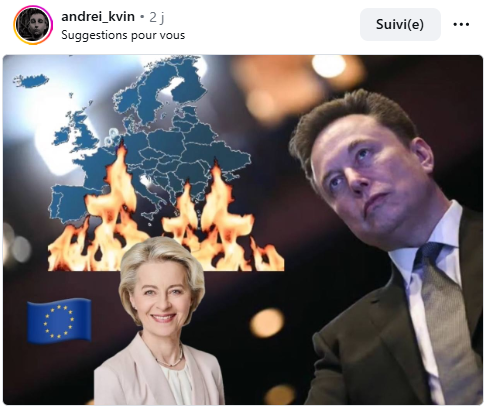 ChristinePP27's tweet photo. andrei_kvin
Elon Musk vient de dénoncer le plus gros mensonge de l’UE sur la « démocratie »

Alors qu’Ursula von der Leyen faisait la leçon au monde entier, Elon Musk a riposté : « Si la démocratie est le fondement de la liberté, pourquoi votre poste de dirigeante de l’UE n’est-il pas directement élu par le peuple ? Des bureaucrates non élus imposant la migration de masse, l’extrémisme du net zéro et la répression de la parole à 450 millions de citoyens, sans aucune responsabilité, ce n’est pas de la démocratie, C’est une dictature au ralenti, le peuple se réveille, les jours de l’UE sont comptés »