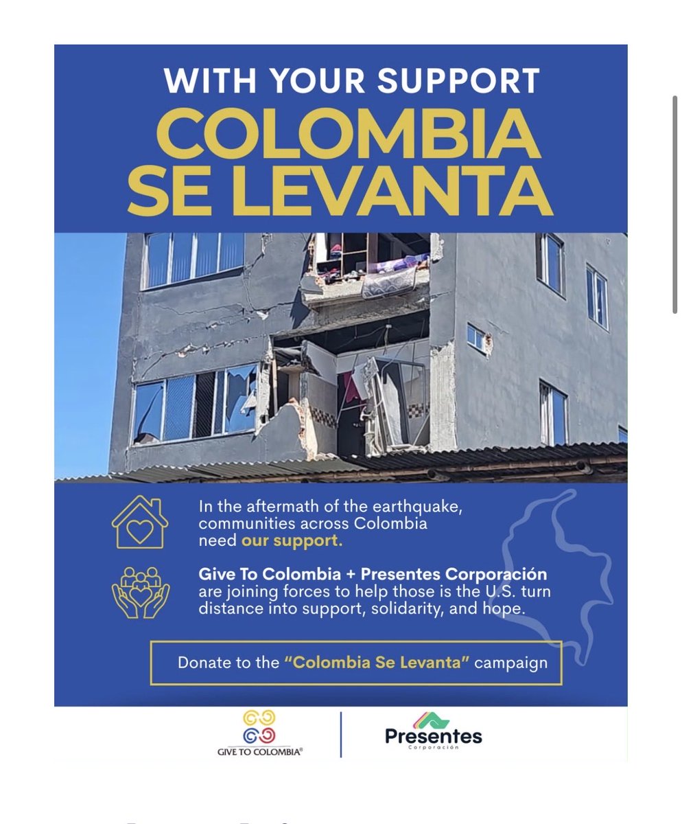 ammbog's tweet photo. Colombia Se Levanta 🇨🇴

On August 10, 2026, Colombia was struck by a powerful 7.4-magnitude earthquake, affecting communities across several regions of the country.

In response, Give To Colombia, in alliance with Presentes Corporación, has launched Colombia Se Levanta, an emergency campaign to support families and communities affected by the earthquake.

Every donation matters. Contributions will be sent directly to Colombia to provide essential assistance and support recovery efforts for those most affected.

Please consider donating and sharing this campaign. Together, we can make a difference. 🇨🇴❤️

https://t.co/9jyhfXlUJh