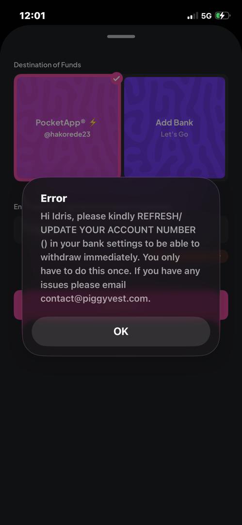 boy_frm_imk's tweet photo. Hello 👋 I’m having issues withdrawing from flex naira to pocketapp what is the essence of using your app if I can’t withdraw to pockeapp @piggyvest https://t.co/5cM0Da3GW1
