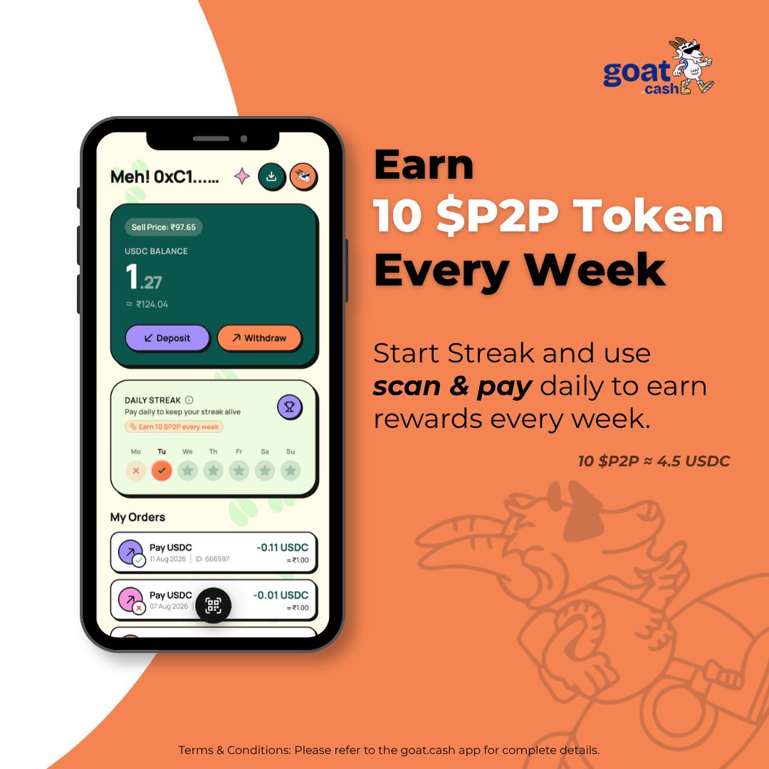 goatdotcash's tweet photo. 🐐 Streaks are LIVE on https://t.co/JMnSZSkkiz!

Use https://t.co/JMnSZSkkiz every day, maintain your streak, and earn 10 $P2P tokens. 🔥

Pay daily. Get rewarded. 🚀 https://t.co/eUEQC14FUv