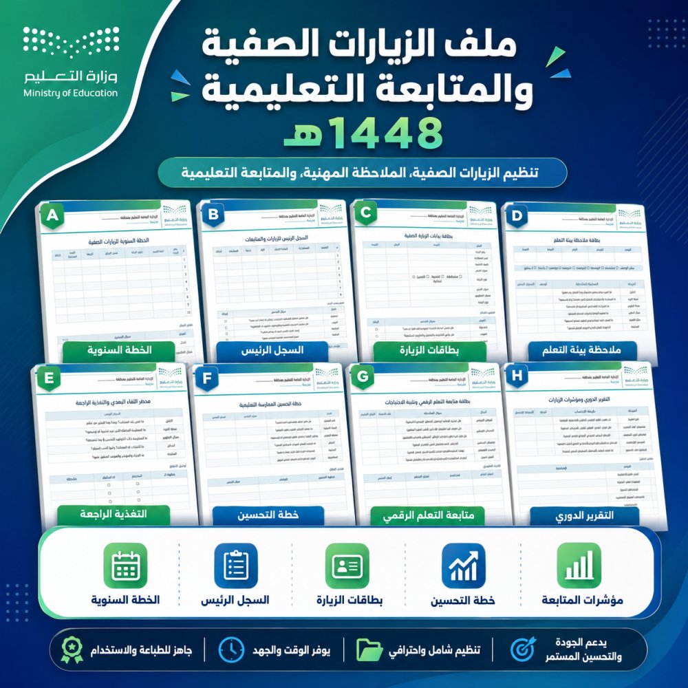 ali_alqhtani05's tweet photo. 🧑‍🏫 ملف الزيارات الصفية والمتابعة التعليمية 1448هـ
يشمل:
• خطة الزيارات
• بطاقات الملاحظة
• التغذية الراجعة
• خطة التحسين وقياس الأثر
👀 المعاينة:
https://t.co/zca0GPSUIl
📁 المنتج:
https://t.co/s9flFFipLS
#وزارة_التعليم #التوجيه_الطلابي #النشاط_الطلابي #الإدارة_المدرسية https://t.co/aBF0PFtHDu