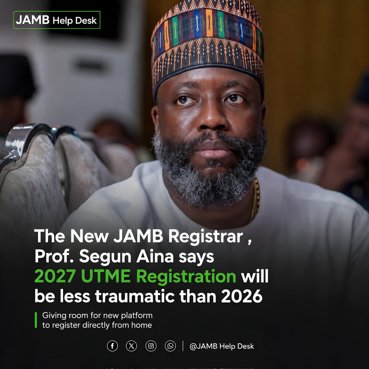 UTMEHQ's tweet photo. JAMB Registrar Segun Aina says 2027 UTME registration will be less stressful than 2026. A new mobile platform lets candidates register from home, cutting registration time from 20 minutes to just 2-3 minutes.
#JAMB #UTME2027 #UTMEHQ #NigeriaEducation #JAMBUpdate https://t.co/5me57dSwQH