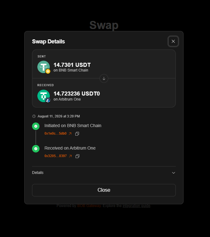 Johancenna's tweet photo. Swapped USDT → USDT0 cross-chain (BNB Smart Chain → Arbitrum One) with BOB Gateway, super smooth ✅
Join the campaign with me! 

@build_on_bob  #bullish #BOBGateway https://t.co/4bBx6Sz1Wj