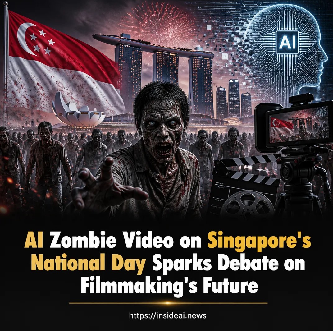 InsideAIDaily's tweet photo. A zombie apocalypse hits Singapore's National Day Parade in a controversial AI-generated film. The creator says viewers watch till the end, even just to hate it. Full story: https://t.co/thmHUOm4MR https://t.co/hz4EiGIDBD