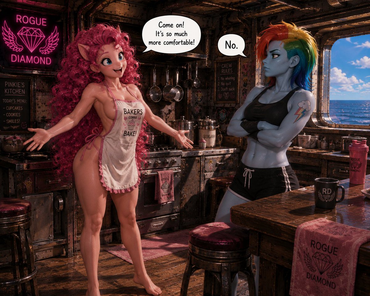 CloakAndSai's tweet photo. Different reactions to Pinkie's kitchen attire 😳🫣
#Chatgpt #AIart #mlp #mlpfim #mlpfanart #mlpfanfic #RogueDiamond 💎 #PinkiePie #Rarity #RainbowDash #Fluttershy @theroguediamond
@Sparityqueen
@lustful_diamond https://t.co/jl5NUf58eE