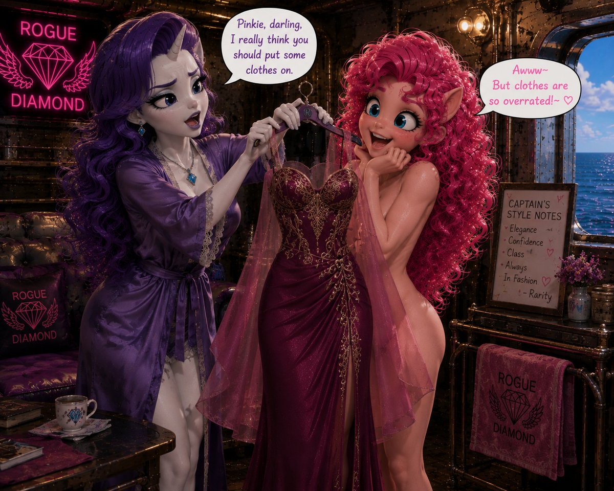CloakAndSai's tweet photo. Different reactions to Pinkie's kitchen attire 😳🫣
#Chatgpt #AIart #mlp #mlpfim #mlpfanart #mlpfanfic #RogueDiamond 💎 #PinkiePie #Rarity #RainbowDash #Fluttershy @theroguediamond
@Sparityqueen
@lustful_diamond https://t.co/jl5NUf58eE