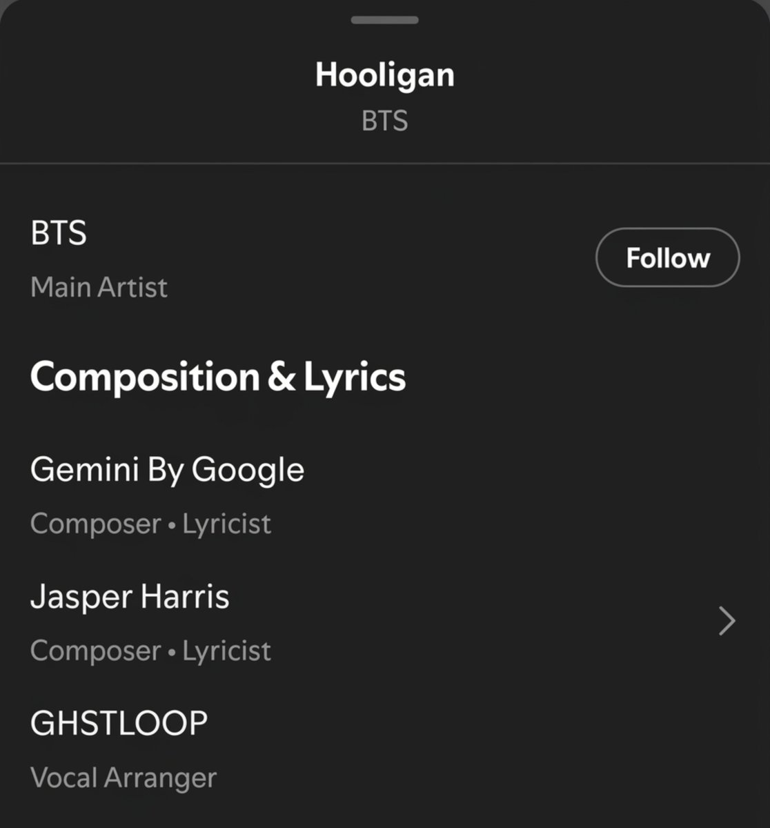HateCrave's tweet photo. Gemini has now been credited as composer and lyricist on 'Hooligan' by BTS. https://t.co/hdUeIBs2Zo