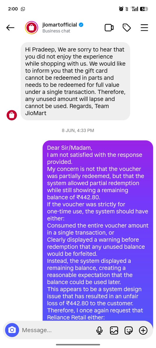Pradeep27939313's tweet photo. @JioMart I’m tired of repeatedly complaining about the same issue on Instagram since 8 June. My gift voucher still shows an active ₹442.80 balance, but I can’t use it. Despite repeated escalations, there’s no resolution or timeline. Please resolve this now. @JioMart_Support https://t.co/Ep71sztHam