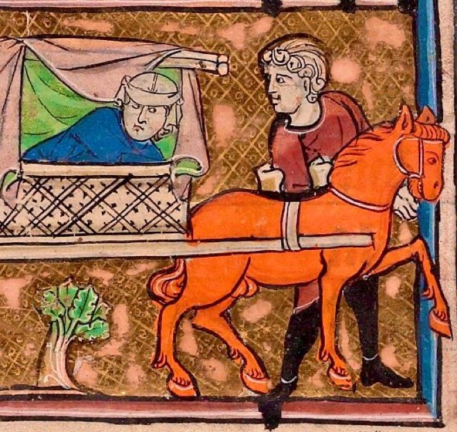 MedMilMedicine's tweet photo. Claire was much less impressed at being woken to see the orange horse than Thomas thought she would be   -   13th century,  Beinecke Rare Book and Manuscript Library, MS 229, f. 132v https://t.co/RHqu4kSPEz
