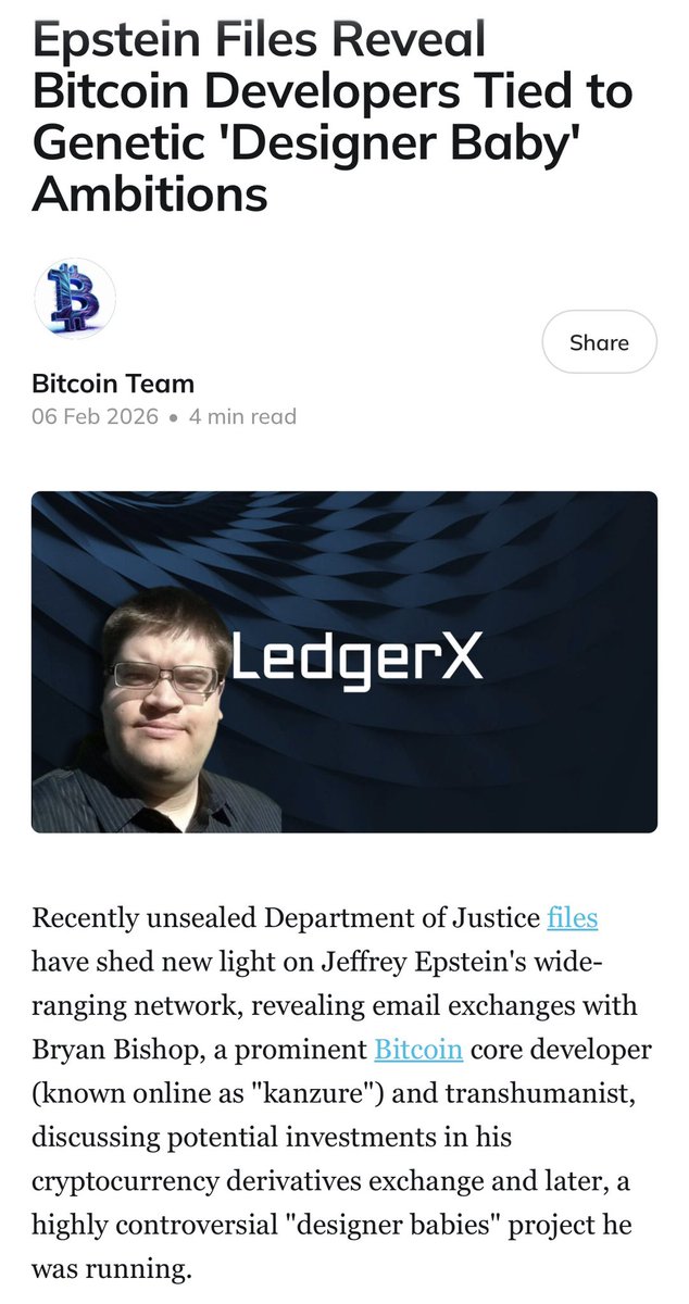 hodlonaut's tweet photo. Bryan Bishop @kanzure is the Bitcoin Core developer who in 2018 pitched Jeffrey Epstein on funding a “designer babies” project aimed at producing the first live birth of a genetically engineered human (and possibly a clone) within five year.

Bryan just announced that Luke Dashjr has been stripped of permissions on the BIP content repository.

The same guy who sought millions from Epstein for genetic engineering and human enhancement experiments is now the one publicly declaring who gets to edit Bitcoin’s formal improvement proposals.

Epstein’s reply at the time: he had “no issues with investing… The problem is only if I am seen to lead.”

Make of that what you will.

Luke is gone as BIP editor.

Bryan Bishop remains as BIP editor.