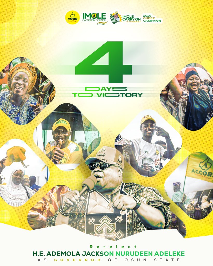 TICC_2026's tweet photo. 04 Days to Victory!

The countdown is on. The people have spoken, the movement is stronger than ever, and together, we are marching towards a renewed mandate for Governor Ademola Adeleke.

#ImoleCarryOnAccordingly https://t.co/6cp3iAXMBv