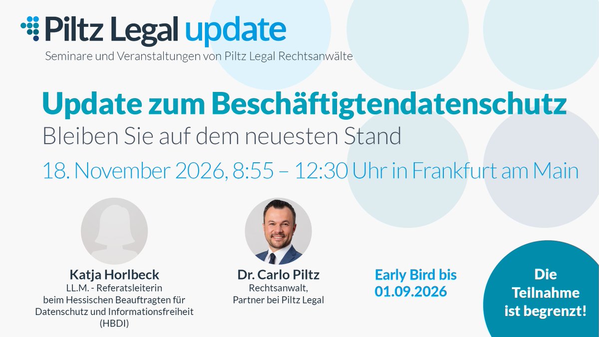 PiltzLegal's tweet photo. Aktuelles im #Beschäftigtendatenschutz!
Unser Seminar gibt einen kompakten Überblick über aktuelle Entwicklungen und neue Entscheidungen mit konkreten Hinweisen für die #datenschutzkonforme Umsetzung im Unternehmensalltag.
Infos &amp; Anmeldung➡️https://t.co/KH3yLrQ1nK https://t.co/diY38zp10Q