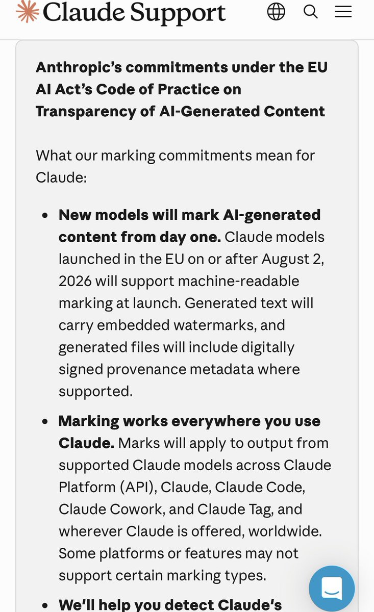 Pirat_Nation's tweet photo. Anthropic is working on invisible watermarks for text generated by Claude which would not be visible to normal readers.

The watermark would be hidden in the text but could still be detected later, even after the text is copied, pasted or edited. 
They want to make it easier to identify text created or changed with AI and help meet new AI transparency rules in the EU. 

It also wouldn’t necessarily mean Claude wrote the whole thing; someone could use Claude to edit, translate or summarize text that was originally written by a person.
