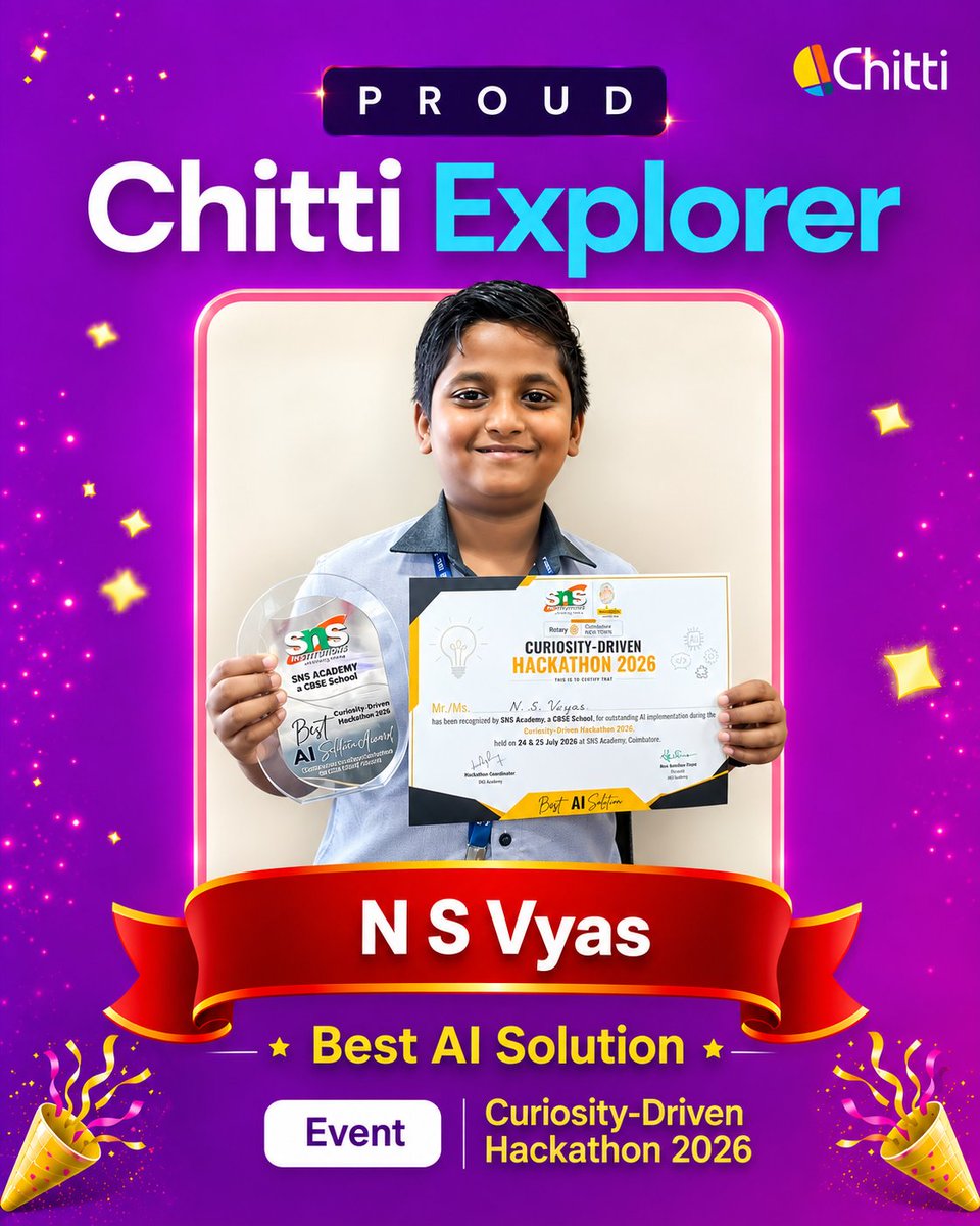 Chittitamil's tweet photo. 🏆 A proud Chitti Explorer moment!

Congratulations to N. S. Vyas for winning Best AI Solution at the Curiosity-Driven Hackathon 2026! 🎉

👏 Keep building, Vyas!

Explore Chitti:
👉 https://t.co/bN9YtGUsVQ https://t.co/dtV9I4hKCF