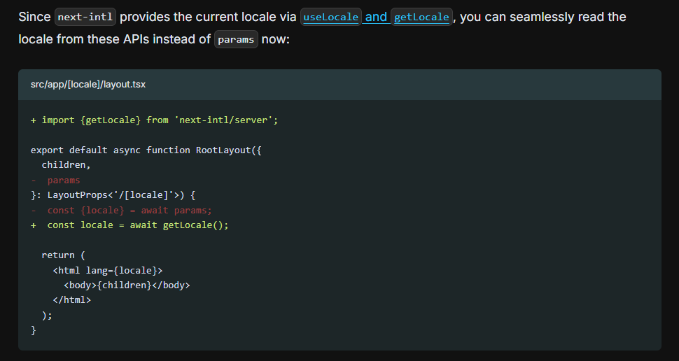 MarkBekooy's tweet photo. Hey @jamannnnnn, I saw the following in the documentation. await getLocale() and useLocale() seem great to me! But I was wondering, if I already pass params to a component for something else, would it be better to get the locale directly from the params? Or use such a function? https://t.co/l74ipJCEBo