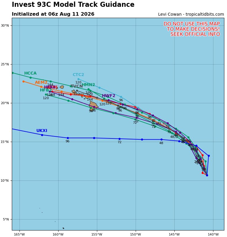 HIStormWatch's tweet photo. #Invest93C Model Track and Intensity Guidance Forecasts via @TropicalTidbits as of Monday 8/10/26 8PM HST #Storm #93C #Hawaii #HIwx https://t.co/hyWUHJIfgp