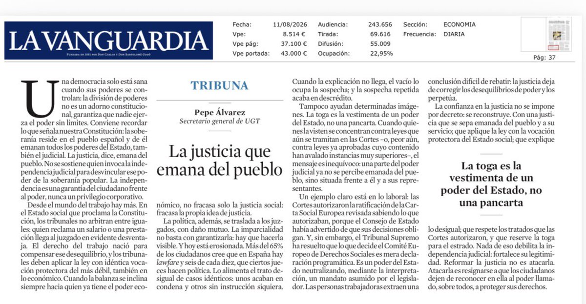 SG_UGT's tweet photo. Hoy escribo para @LaVanguardia: 

La toga no es una pancarta. Si la justicia deja de percibirse emanada del pueblo, deja de proteger al pueblo y son las personas trabajadoras quienes primero lo sufren cuando la balanza se inclina hacia el poder económico.

https://t.co/L33ZBDIrtB https://t.co/Oq8MCe7FRc