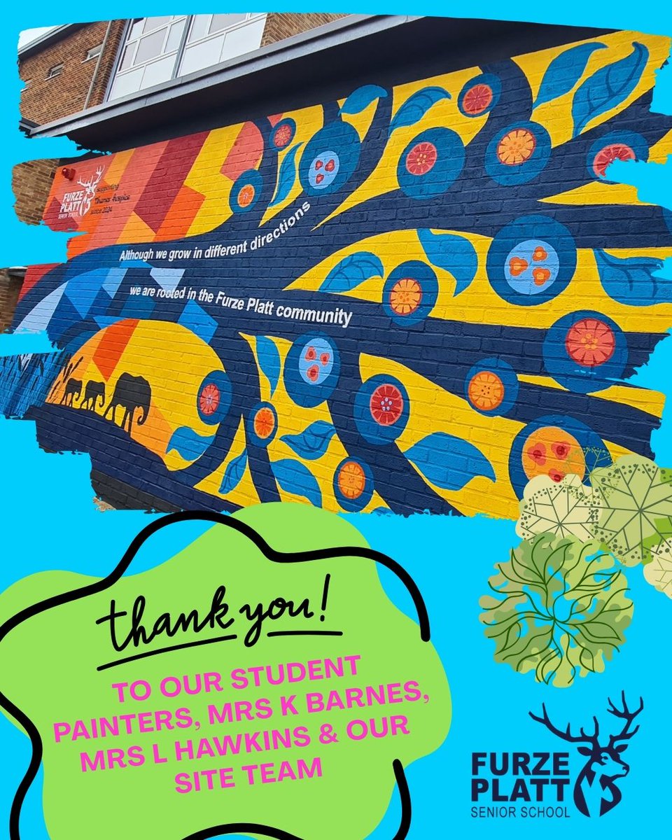 Furze_Platt's tweet photo. 🎨🐘 Our new entrance mural is complete!

In October, our elephants Borough &amp; Scout will return and take pride of place in front of the mural! 💗

👏 Thank you to our student painters, Mrs K Barnes, Mrs L Hawkins &amp; Site Team.

#FPSSAchieve #TrunksAcrossTheThames https://t.co/f2R3cF8Xw8