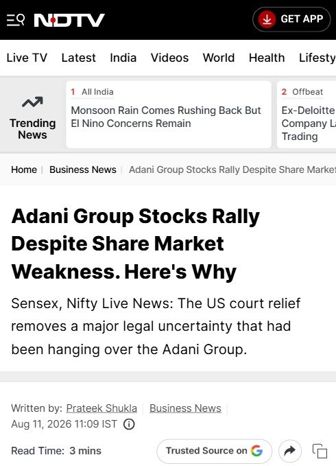 nakulvibhor's tweet photo. Adani Group stocks are seeing a clear relief rally despite a weak broader market.

Adani Green jumped 3.5%, Adani Enterprises rose 2.6%, and Ports gained 1.5%, with most other group stocks also trading higher. This is happening while the overall market is under pressure due to crude oil concerns.

The US court #AdaniCaseDismissed has permanently removed a major legal overhang that had been hanging over the group for nearly 21 months. Once event risk of this scale is taken off the table, institutional and domestic money tends to reassess valuations quickly.

Technically, most Adani stocks were stuck in consolidation or mild corrective phases. Today’s move is the first coordinated green reaction across the portfolio after the news. The real test will be whether these stocks can sustain the higher levels and attract follow-through buying in the coming sessions, or if this remains a one-day relief bounce.

Overall, the market is shifting focus back to the group’s growth pipeline and cash flows now that the legal cloud has lifted. That shift in narrative is what is driving the early buying.

Note:
This is a general market observation and personal view only. It is not a buy/sell recommendation. Markets are subject to risk. Please do your own research before taking any investment decision.