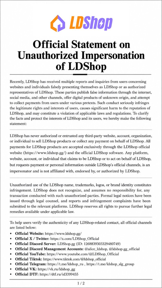 LDShop_Official's tweet photo. ⚠️ Important Notice⚠️
We have identified unauthorized accounts and websites impersonating LDShop.
Please verify all information through our official channels and stay cautious.
Official Statement:
🔗 https://t.co/nB9BaOZ2vA
#LDShop https://t.co/9fDUmTIaCf