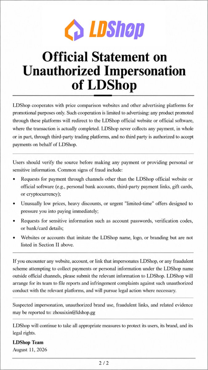 LDShop_Official's tweet photo. ⚠️ Important Notice⚠️
We have identified unauthorized accounts and websites impersonating LDShop.
Please verify all information through our official channels and stay cautious.
Official Statement:
🔗 https://t.co/nB9BaOZ2vA
#LDShop https://t.co/9fDUmTIaCf